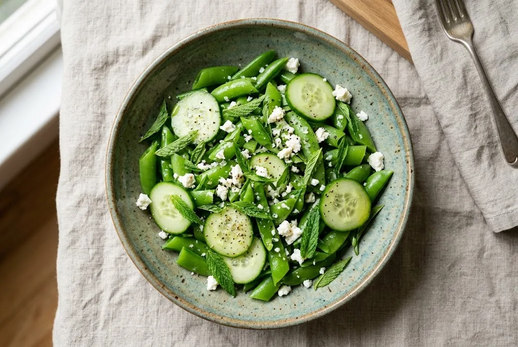 Glazed ceramic bowl of sweet English green peas, cucumber slices, and shredded spearmint ribbons with olive oil