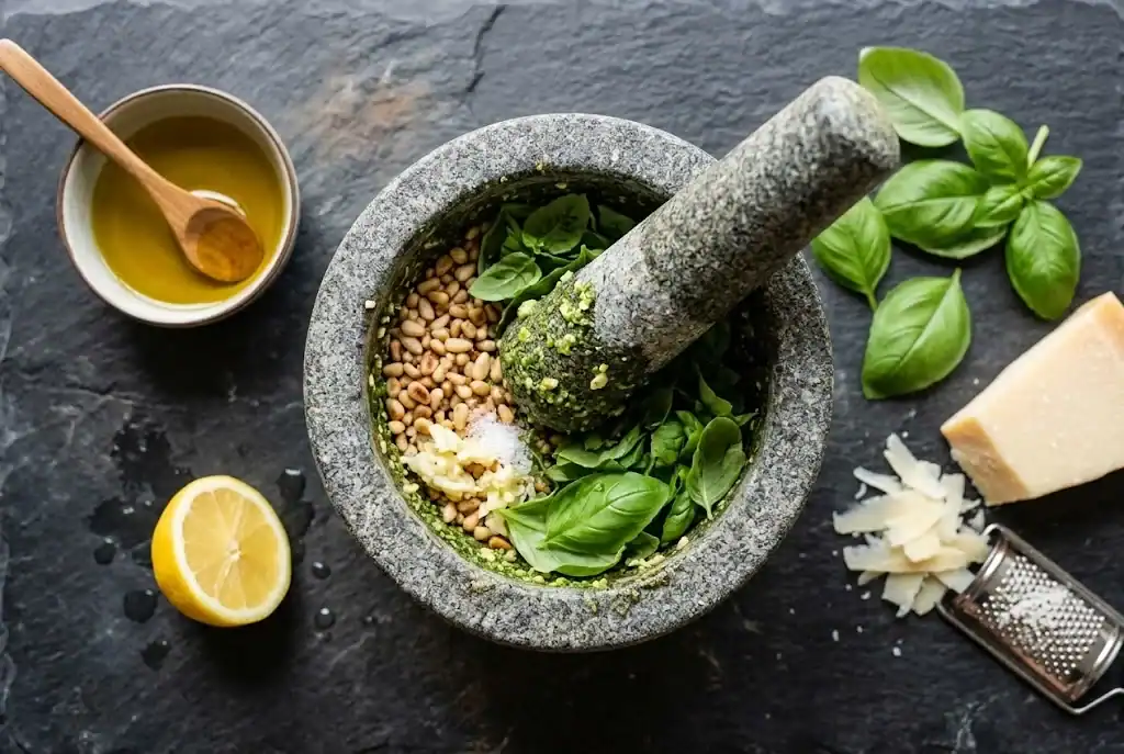 Stone mortar and pestle with crushed pine nuts, smashed garlic, and torn basil leaves ready to make pesto