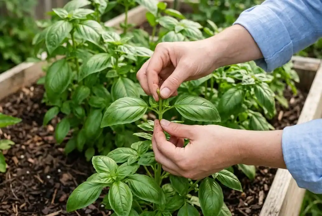 Clean hands demonstrating how to pinch back the top central stem of a sweet basil plant