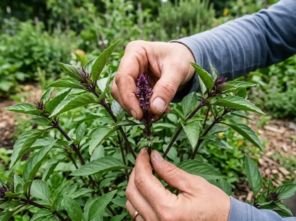 Pinching emerging purple flower buds off an Asian Thai basil plant to stimulate vegetative leaf growth