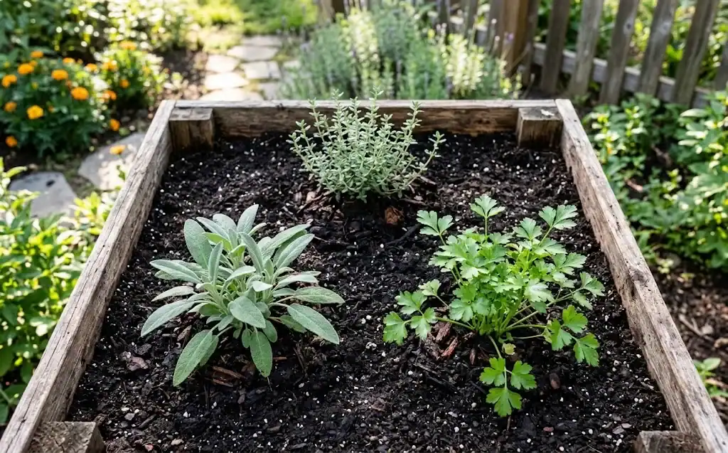 Top-down view of a raised bed with newly planted thyme, sage, and parsley.