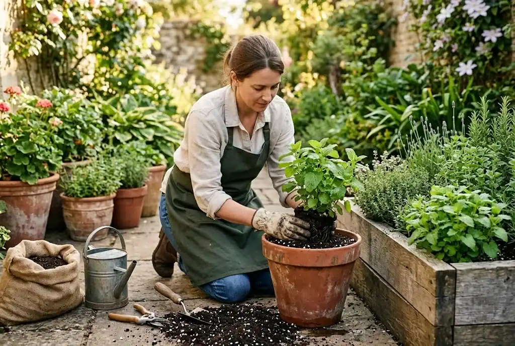 A gardener planting lemon balm in a terracotta pot beside a compact raised bed