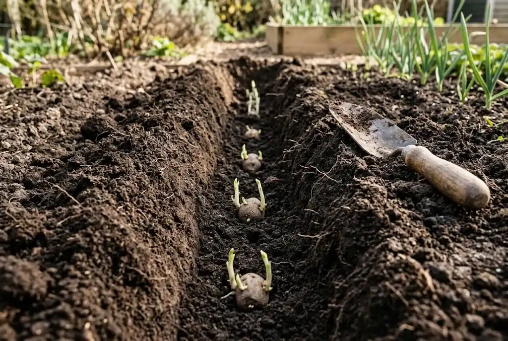Spaced seed potatoes placed in a garden planting trench