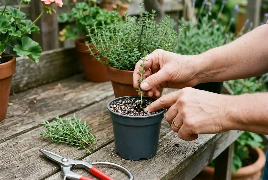 Planting a fresh green thyme stem cutting into gritty potting mix for propagation