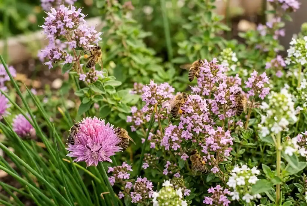 Honeybees foraging on the open purple and pink flowers of blooming thyme, oregano, and chive in a kitchen garden