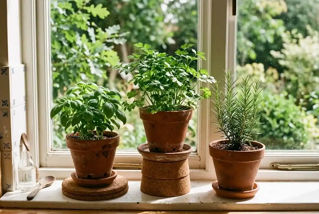 Three terracotta pots with drainage holes on a windowsill holding basil, parsley, and rosemary