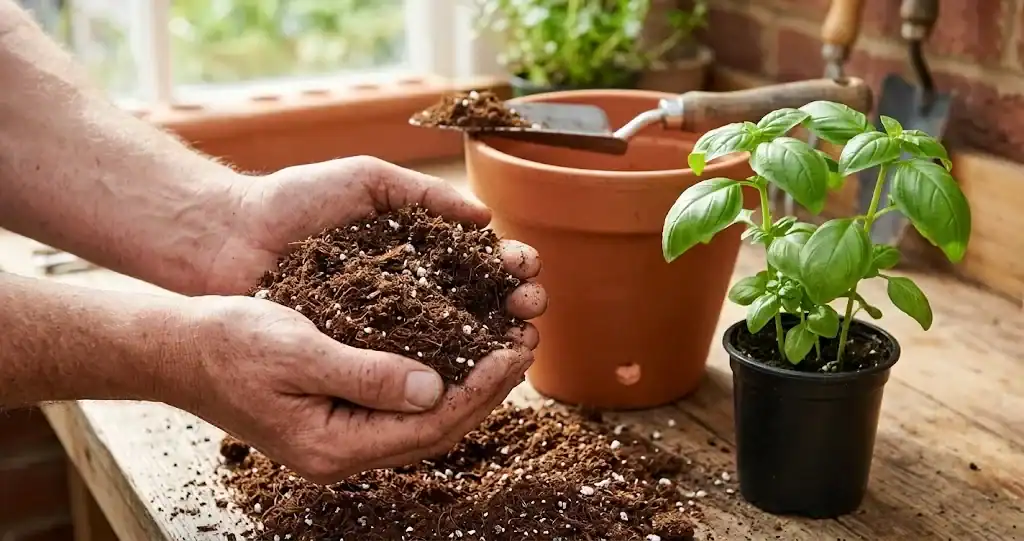 Hands cradling a mound of bagged potting mix with visible perlite flecks beside an empty terracotta herb planter
