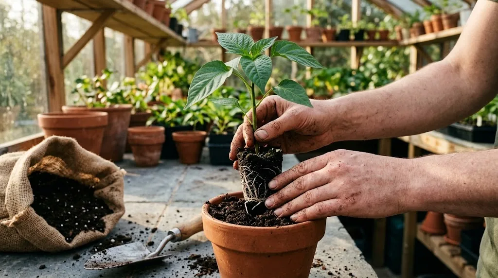 Gardener hands potting up a young cayenne seedling with clean white roots into a terracotta pot