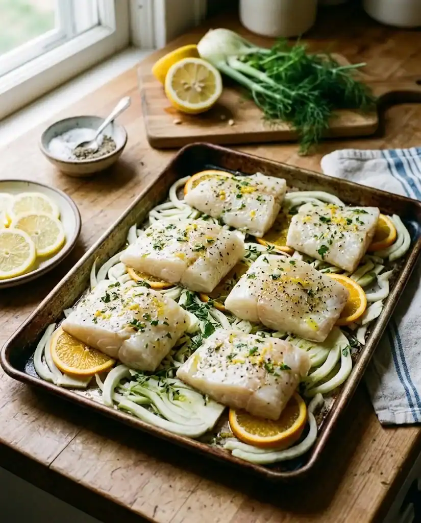 Seasoned cod fillets arranged on a rimmed sheet pan over sliced fennel and orange rounds