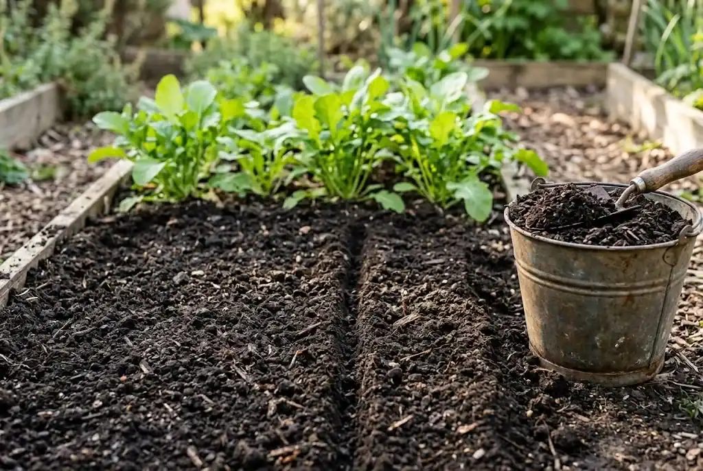 A freshly prepared kitchen-garden bed of dark free-draining soil with well-rotted compost worked into the surface, a thin drill across the centre, and a small pile of compost beside it
