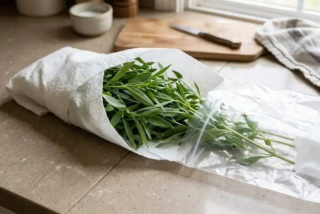 Lemon basil bunches partially wrapped in a paper towel sliding into a vented plastic produce bag for refrigeration