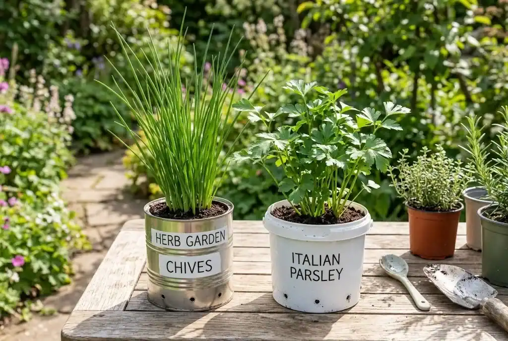 Recycled coffee tin planted with chives and plastic food container planted with flat-leaf parsley on a garden bench