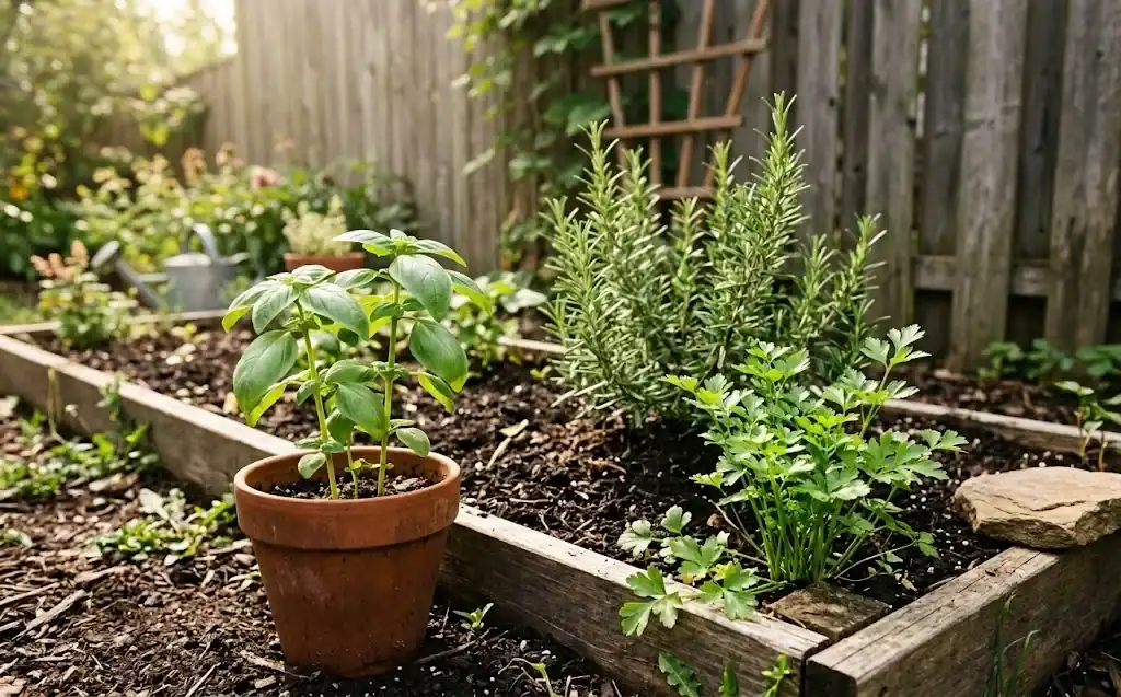 A young basil plant in a terracotta pot beside parsley and rosemary at the edge of a small raised herb bed in morning light