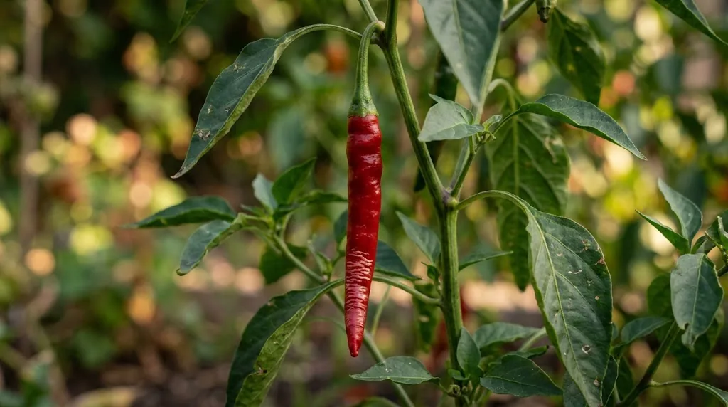 Fully ripe red cayenne chili pepper pod hanging on the vine showing slight wrinkling at the tip at peak seed maturity