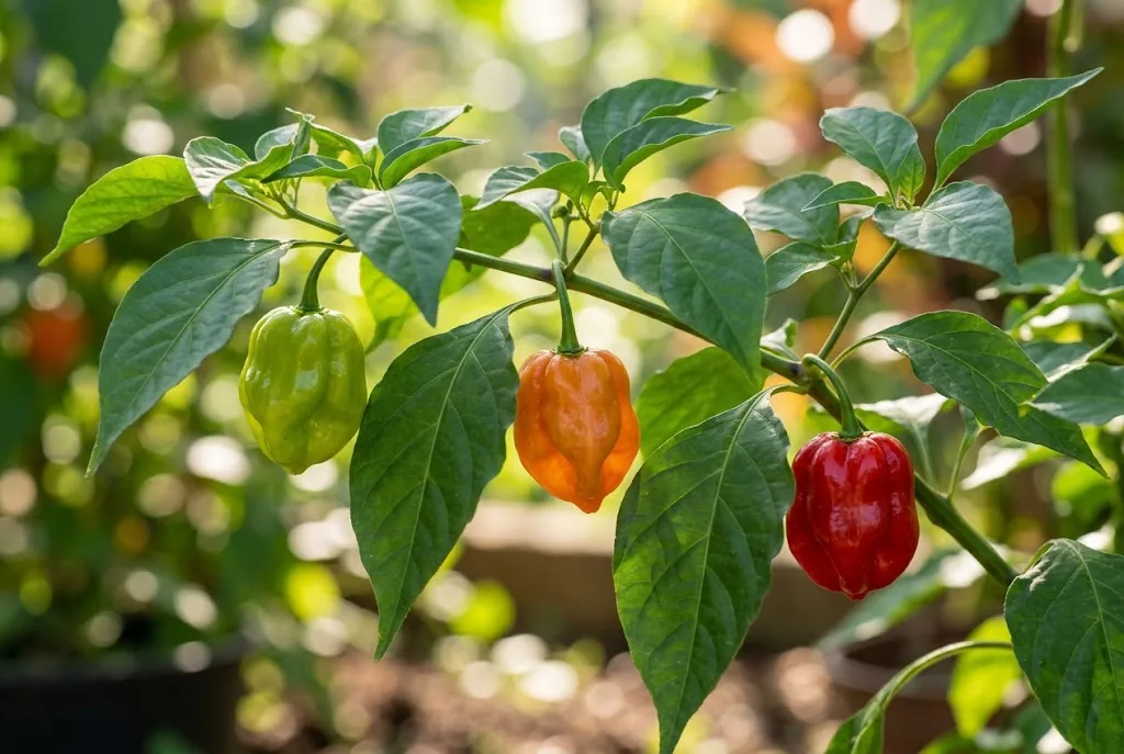 Ají dulce peppers ripening from green through orange to red on the plant