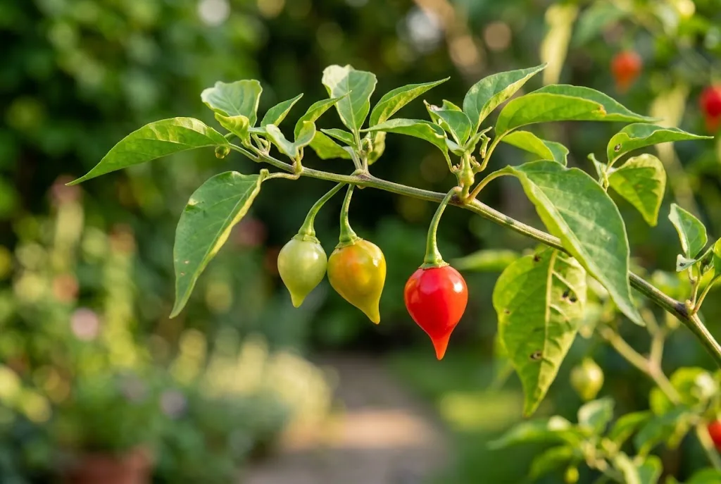 Green, chartreuse, and ripe red biquinho peppers ripening on a living plant