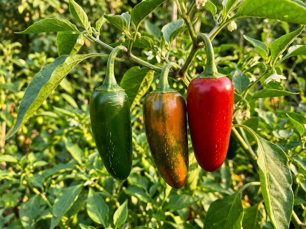 Jalapeño pods on a living branch at green, turning, and ripe red stages