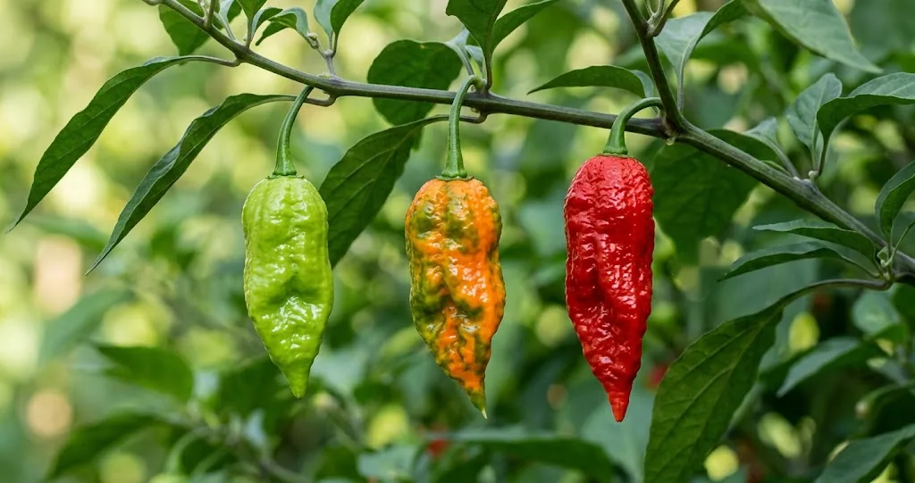 Living branch showing ghost pepper pods at three ripening stages: lime green, turning orange, and scarlet red