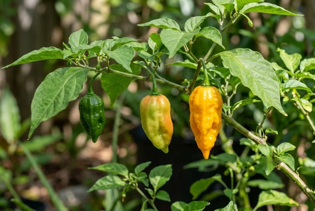 Living datil pepper plant branch showing green, turning lime, and ripe yellow-orange pods