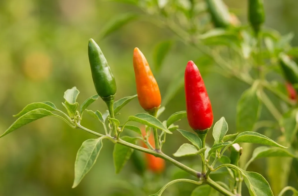 One branch of a Fresno pepper plant carrying green, orange, and ripe red conical pods