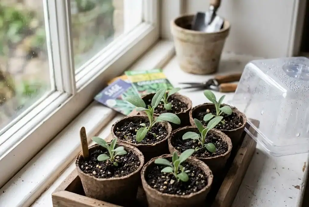 Common sage seedlings in small pots on a sunny windowsill