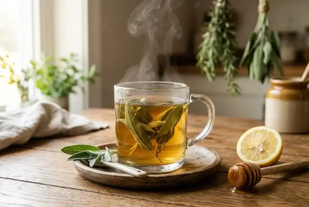 Steaming glass mug of fresh sage herbal tea with honey and a lemon slice