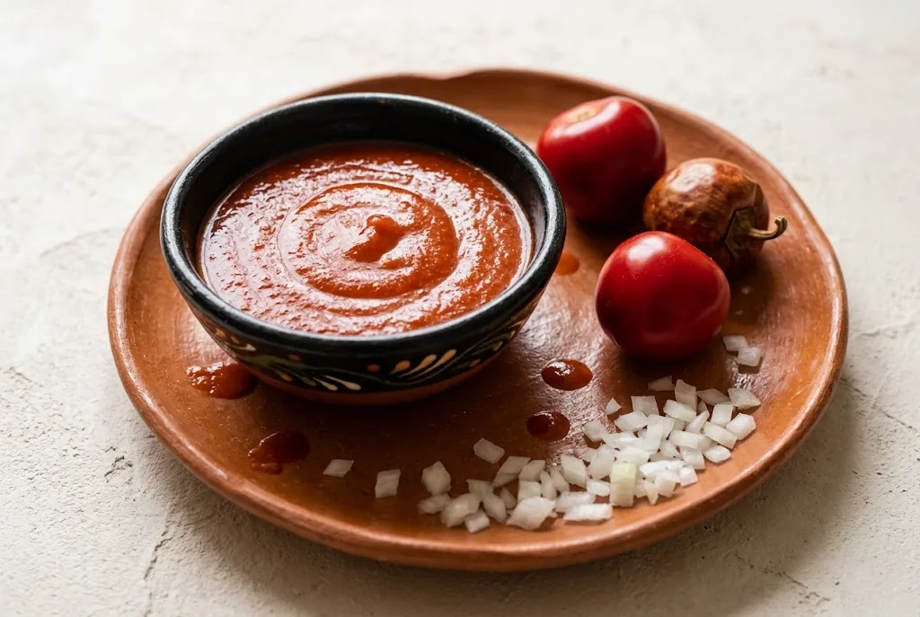 A small dark bowl of finished cascabel salsa roja on a ceramic plate with a lime wedge, beside a few fresh round cascabel pods.
