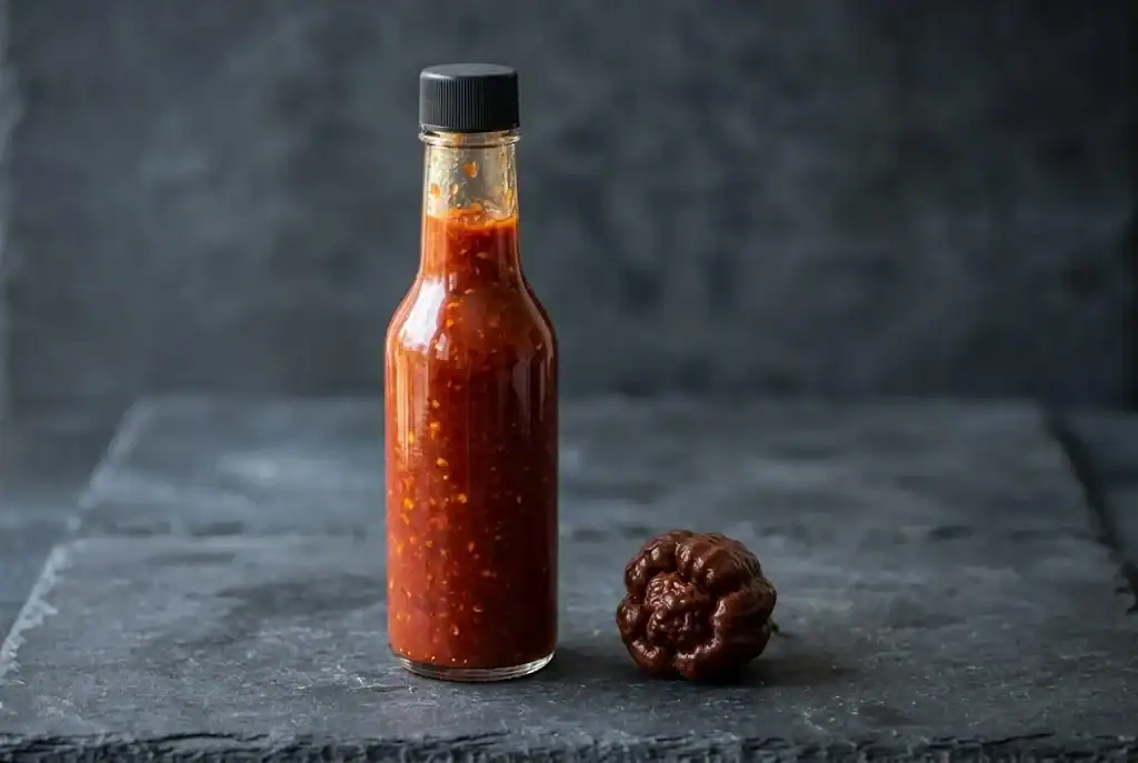 Clear glass bottle of fiery artisan super-hot sauce beside a whole ripe chocolate-brown 7 Pot Douglah pepper on dark natural slate