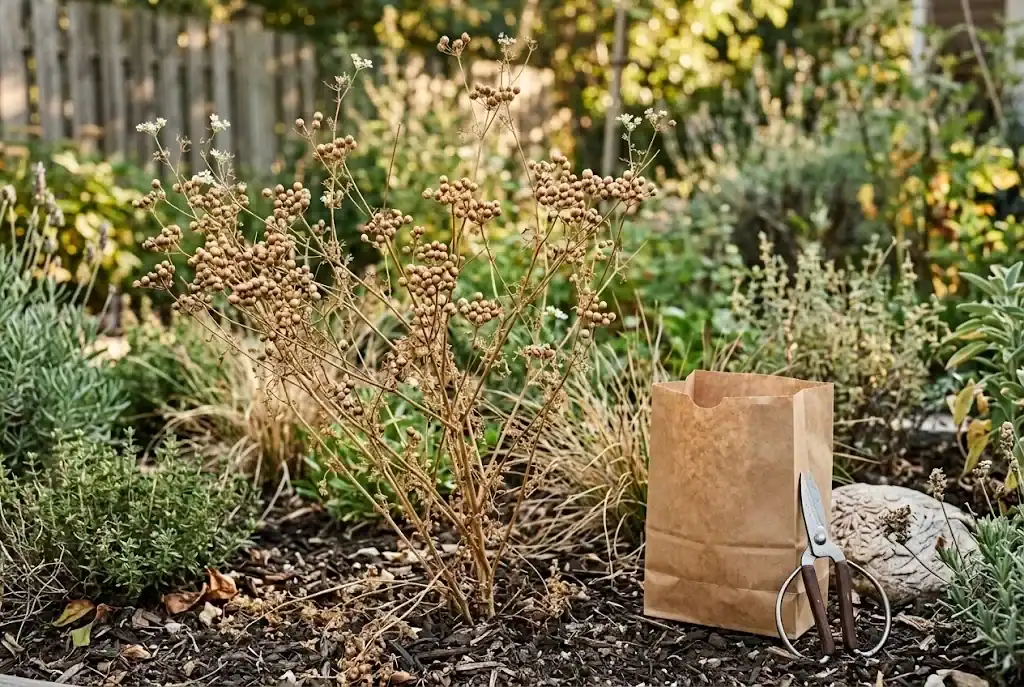Light-brown coriander seed heads on mature cilantro stalks beside a paper bag