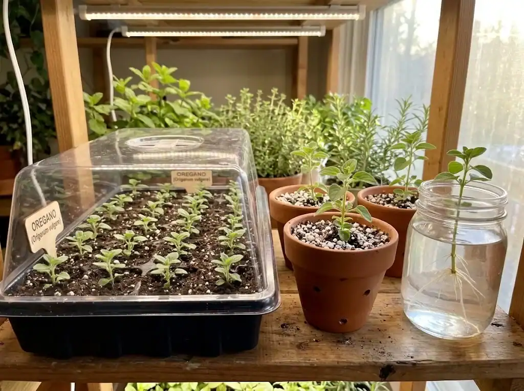 Oregano seedlings in a tray and softwood stem cuttings rooting in pots