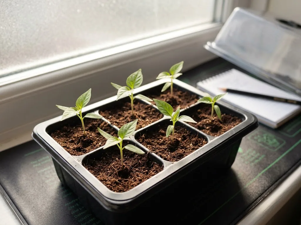 Young Fatalii seedlings in a six-cell tray at the two-true-leaf stage on a warm grow mat by a window