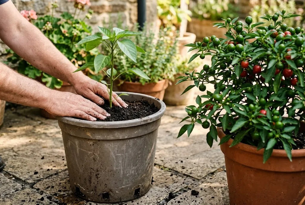 A young pepper seedling being planted in a container