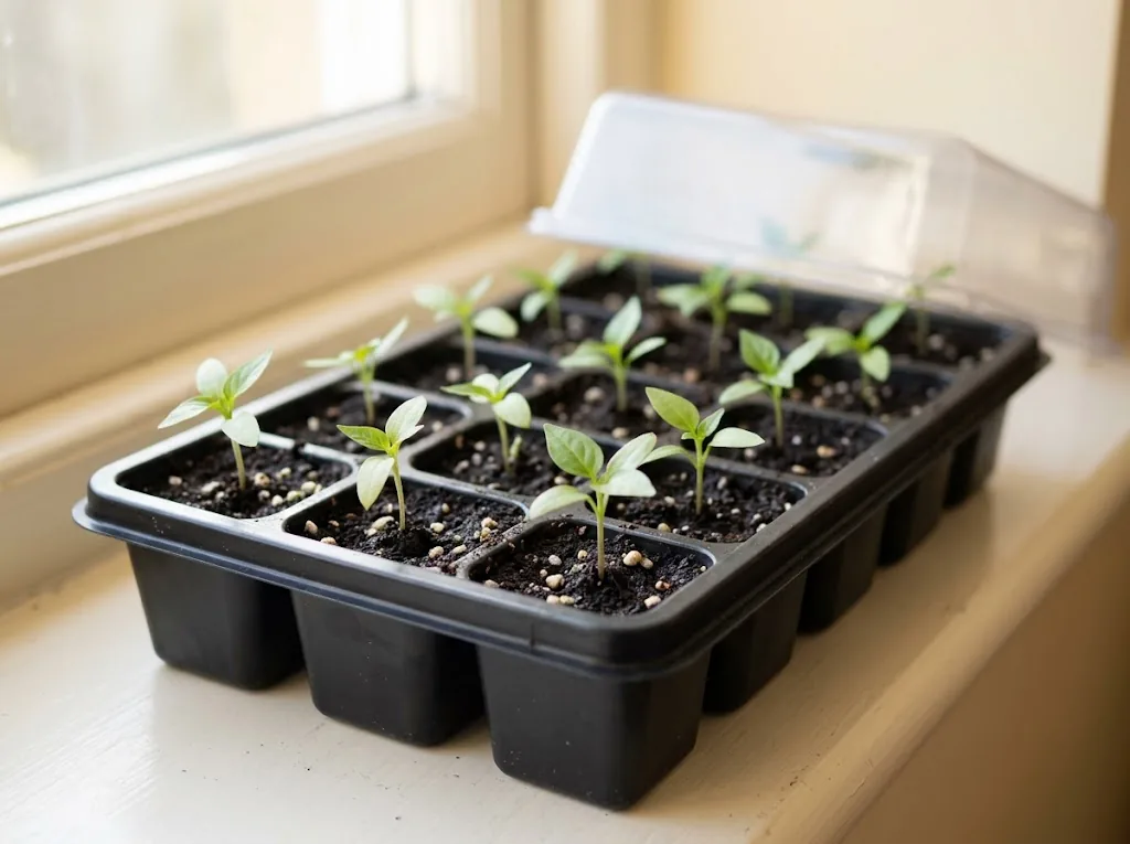 Black plastic 24-cell seedling tray of young Capsicum annuum and Capsicum chinense seedlings in their first true leaves on a bright windowsill