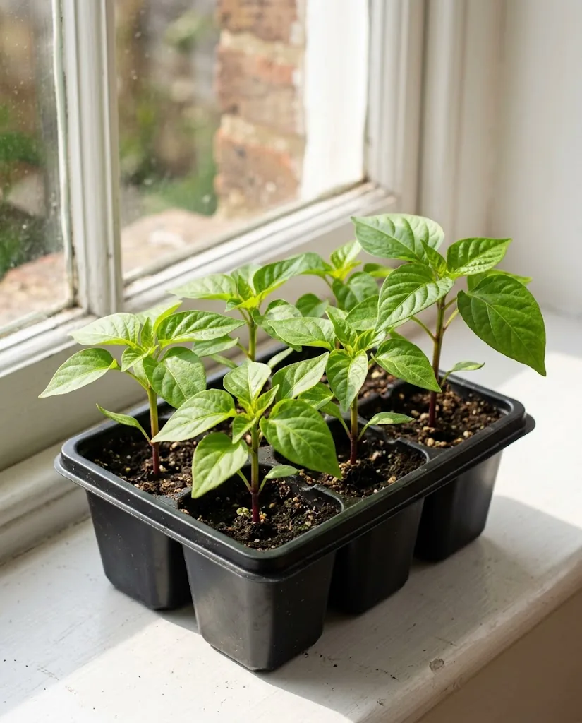 A six-pack seedling tray of compact ornamental Capsicum annuum seedlings under morning sun on a white painted windowsill, true leaves visible, plants about three inches tall