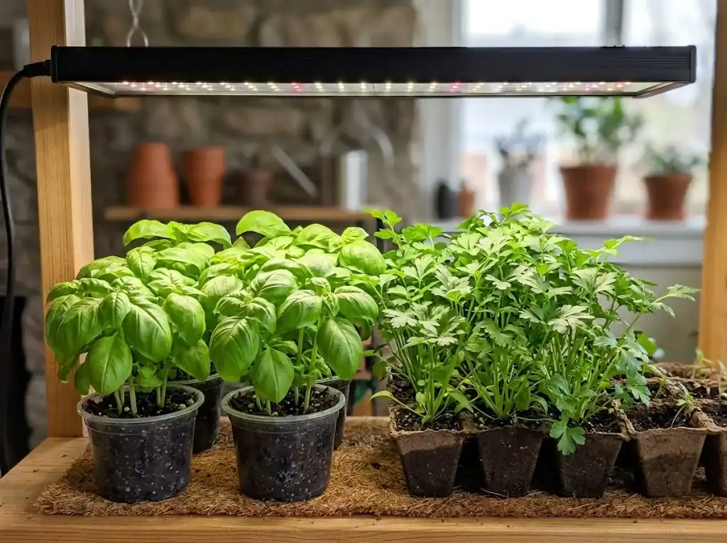 Healthy sweet basil and flat-leaf parsley seedlings growing compact and bushy under an LED grow light