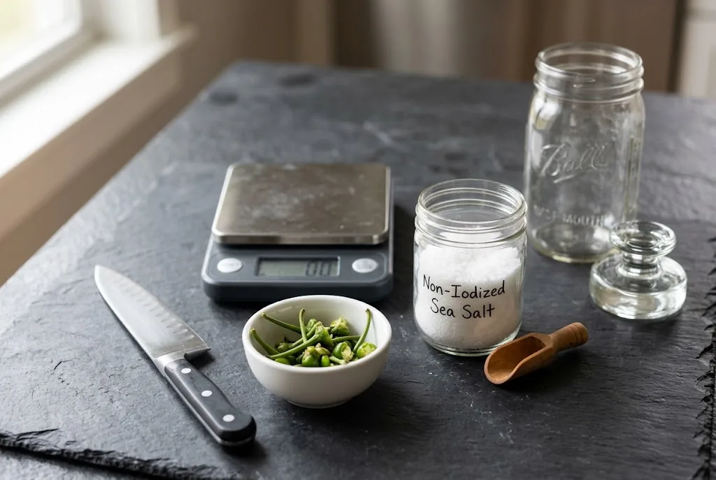 Kitchen scale, sea salt, knife, chili stems in a small bowl, and an empty mason jar with a glass fermentation weight on dark slate