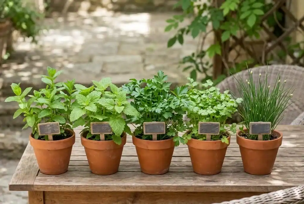 Mint, lemon balm, parsley, cilantro, and chives in bright shaded containers