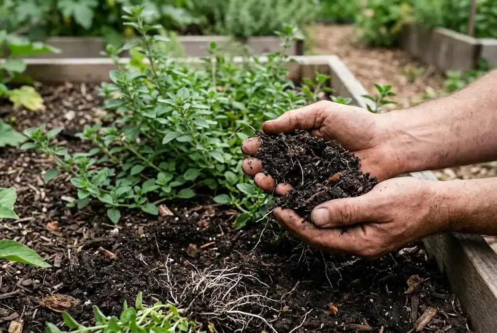 Gardener hands holding dark, crumbly organic compost above a garden bed with healthy oregano growing in aerated soil