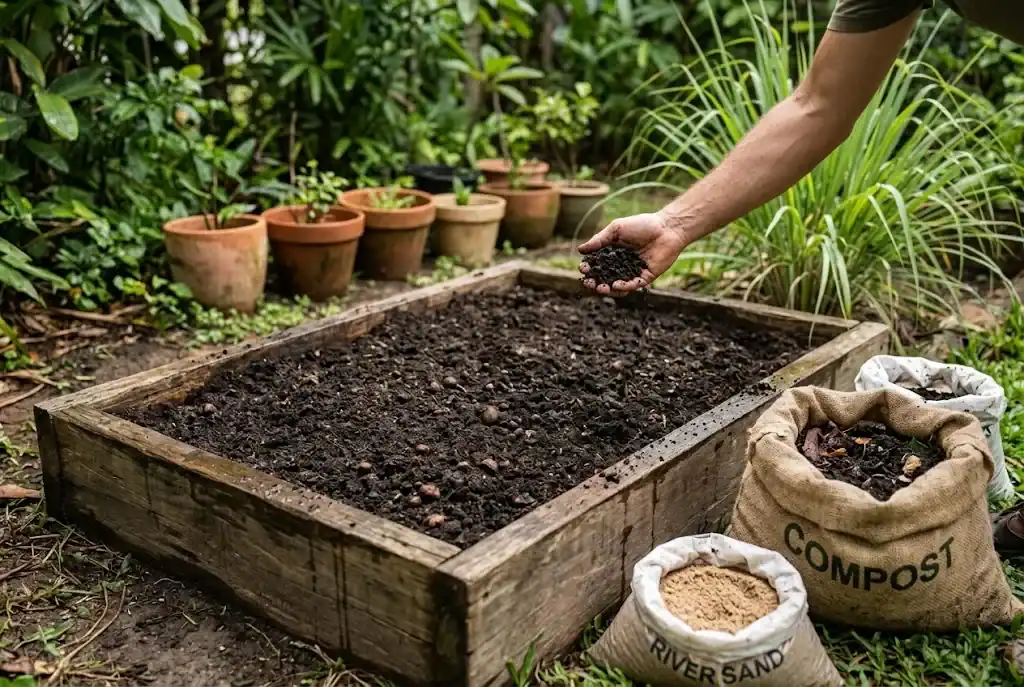 A raised garden bed filled with dark compost-rich soil beside open bags of compost, ready for planting in the tropics
