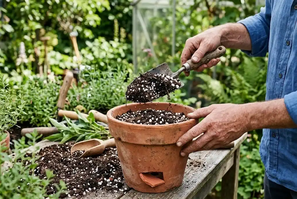 Gardener filling a terracotta pot with well-draining potting mix showing the bottom drainage hole