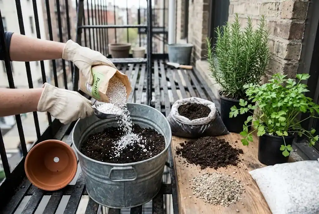Gloved hands pouring perlite from a scoop into a metal tub of potting soil and compost on a city fire escape, with parsley and rosemary pots in the background.