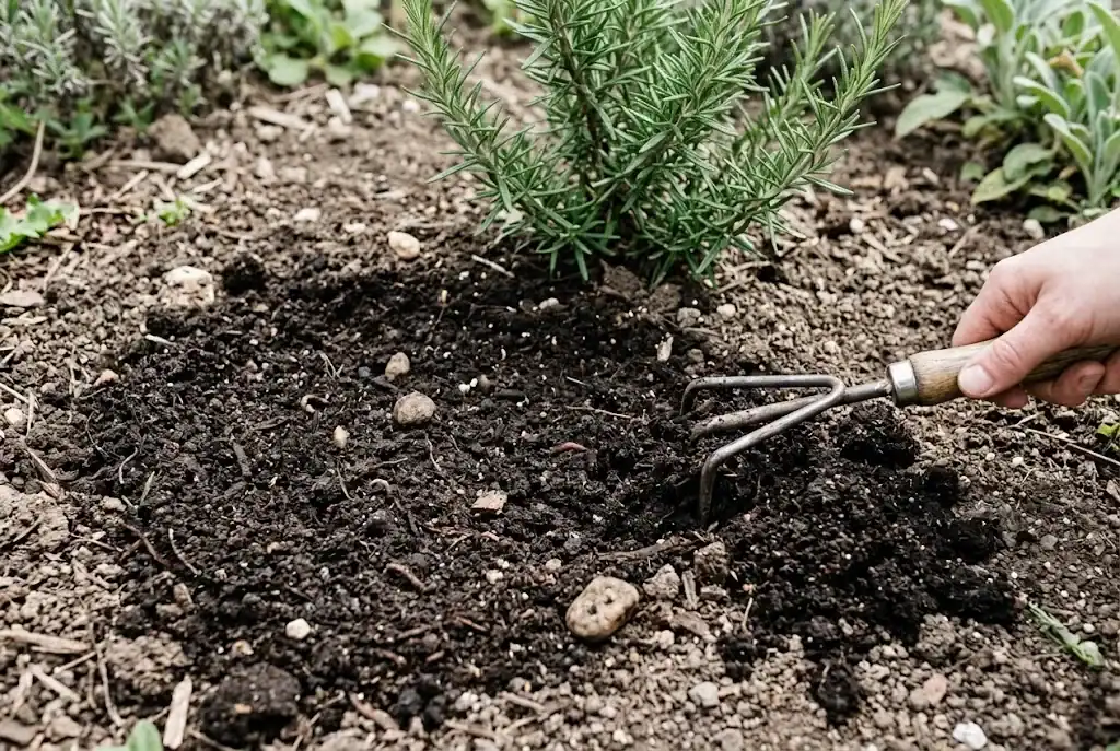 Close-up of loose, well-drained garden soil with compost being worked in by a hand cultivator