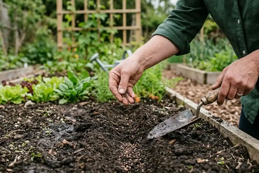 Parsley seeds being sown into a prepared garden row