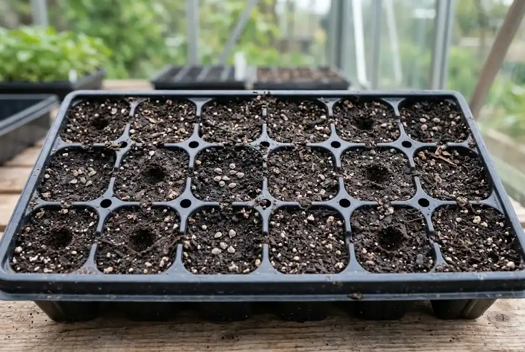 Overhead view of a 24-cell seedling starting tray with fine herb seeds sown across moist potting soil