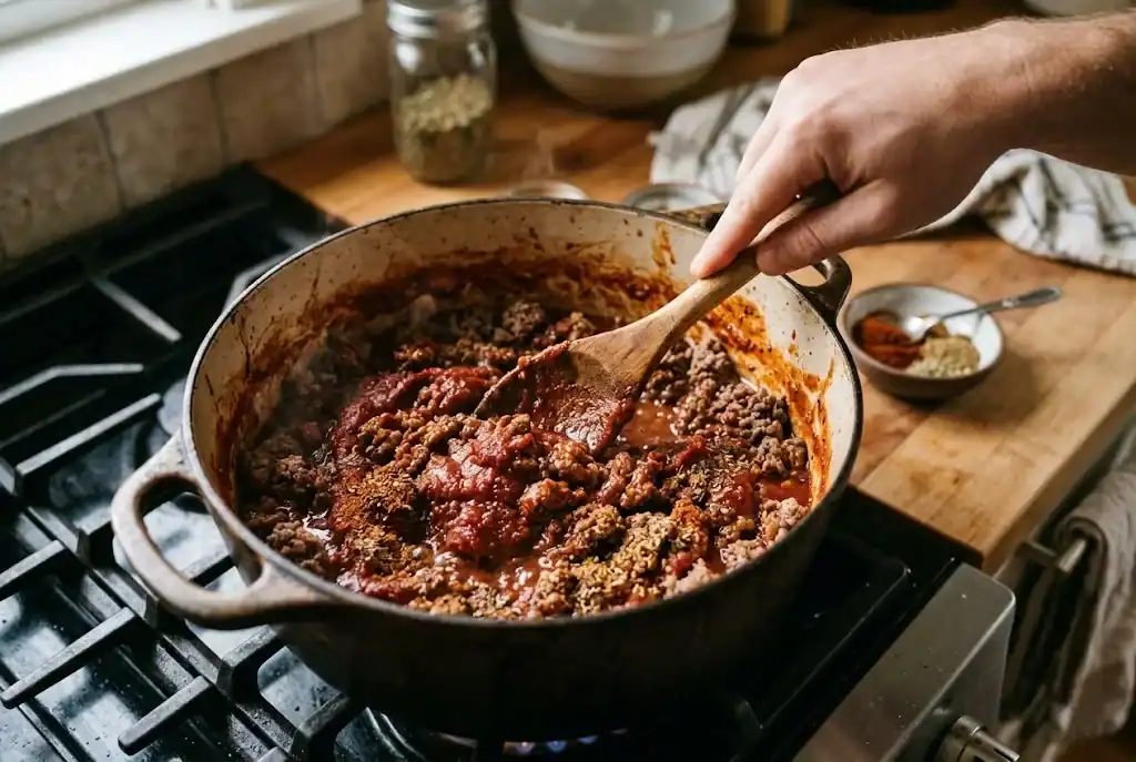 Tomato paste and warm spices stirred into browned beef in a Dutch oven