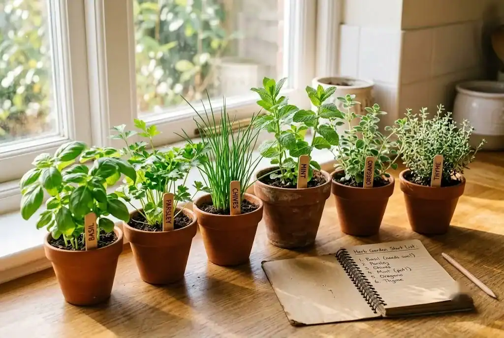 Six small nursery pots of starter culinary herbs lined up on a sunny kitchen counter