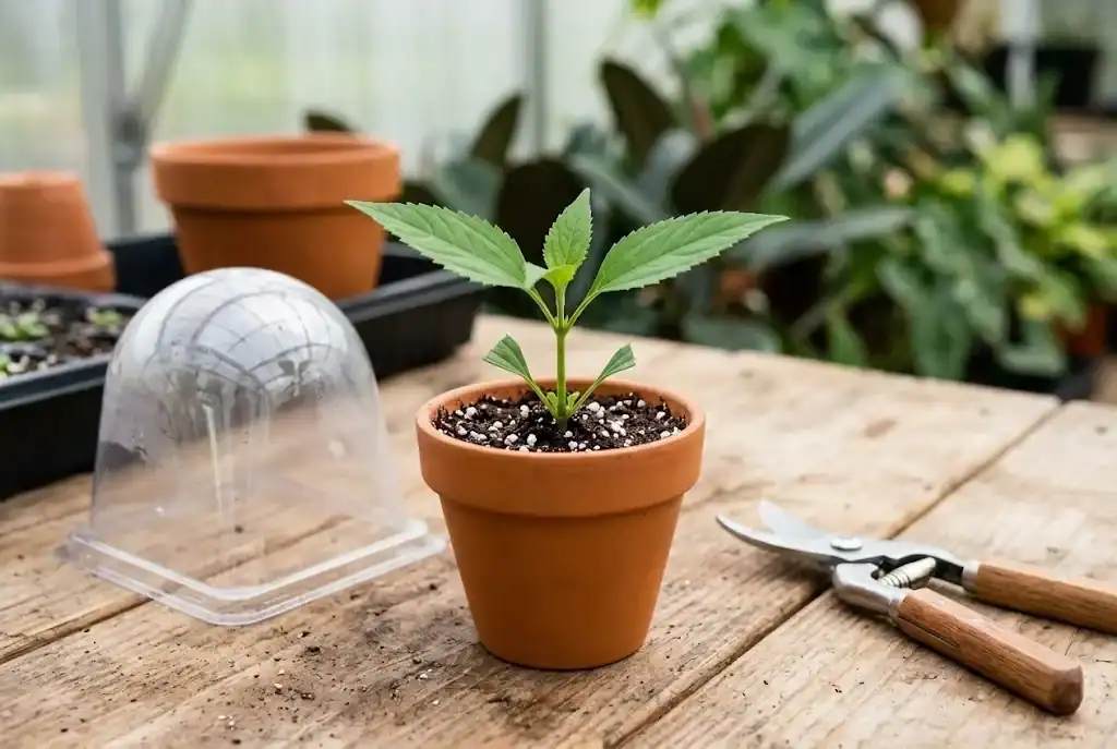 Freshly prepared semi-hardwood stem cutting of Calea zacatechichi rooted in a propagation pot under a clear dome