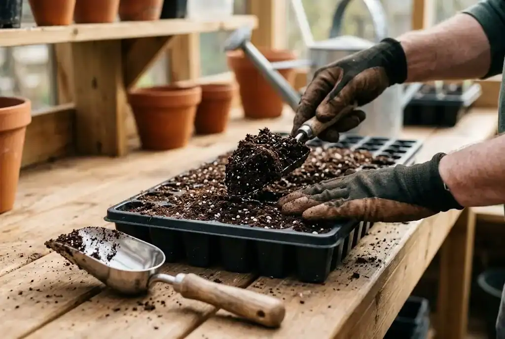 Hands filling black plastic plug trays with dark, loose seed starting mix blended with perlite