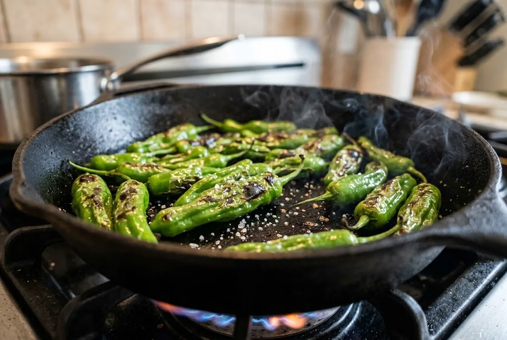 Fresh green Japanese shishito peppers blistering and charring in a seasoned cast-iron skillet over a stove burner