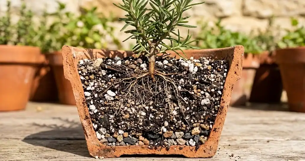 Cross-section of a terracotta pot with gritty, well-draining potting soil and young culinary rosemary in direct sun
